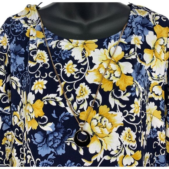 Glamour Women Floral Dress Size 14 Long Sleeve Blue Shift Necklace New - Picture 4 of 10